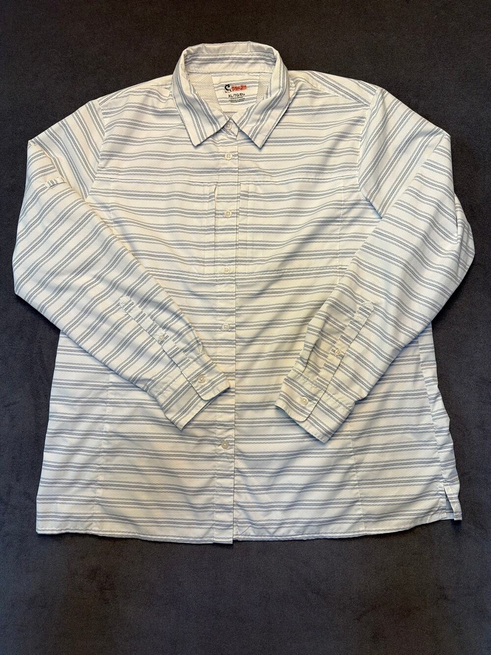 Mens Nylon FISHING HIKING  XL White & Blue Striped Shirt Camping Trek Vented